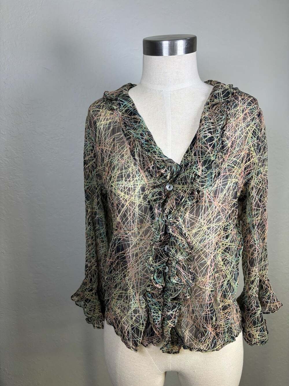 Chiffon Ruffle V-Neck Blouse Multi-Color Abstract Print Sheer Top